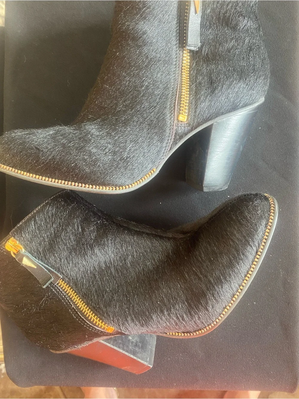 Women's Black Calfhair Ankle Boots with Gold Zipper